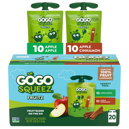 GoGo squeeZ No Sugar Added Applesauce and Fruit Puree Variety Pack, Apple, Mango & Banana, 3.2 oz Pouches (Pack of 20), Fruit Snacks for Kids, Gluten Free, Nut Free, Recloseable Cap, BPA Free
