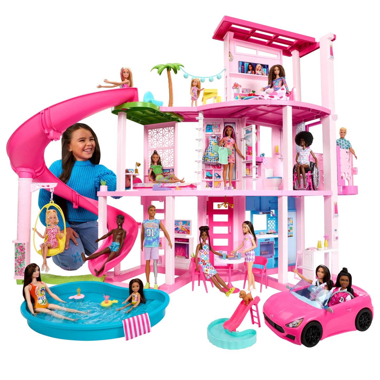 Barbie Dreamhouse, Pool Party Doll House with 75+ Pieces and 3-Story Slide, House Playset, Pet Elevator and Puppy Play Areas