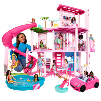 Barbie Dreamhouse, Pool Party Doll House with 75+ Pieces and 3-Story Slide, House Playset, Pet Elevator and Puppy Play Areas