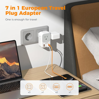 TESSAN European Travel Plug Adapter with 4 AC 3 USB (1 USB C PD 20W), Foldable Plug Type C, for US to Most of EU (Spain, France, Italy, Germany, Portugal, Iceland)