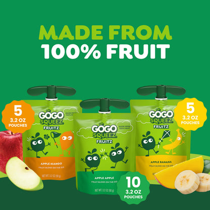 GoGo squeeZ No Sugar Added Applesauce and Fruit Puree Variety Pack, Apple, Mango & Banana, 3.2 oz Pouches (Pack of 20), Fruit Snacks for Kids, Gluten Free, Nut Free, Recloseable Cap, BPA Free