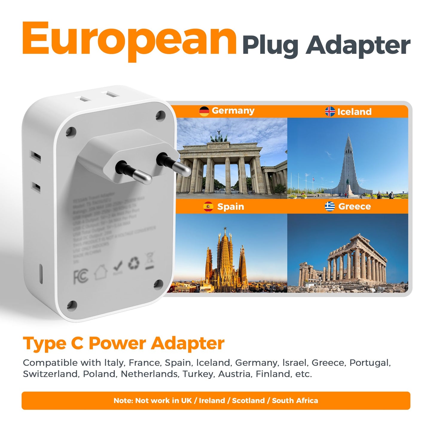 2 Pack European Plug Adapter USB C, TESSAN US to Europe Adapter 4 Outlets 3 USB Charger, Type C International Power Adaptor to Italy Spain France Portugal Iceland Germany, Europe Travel Essentials