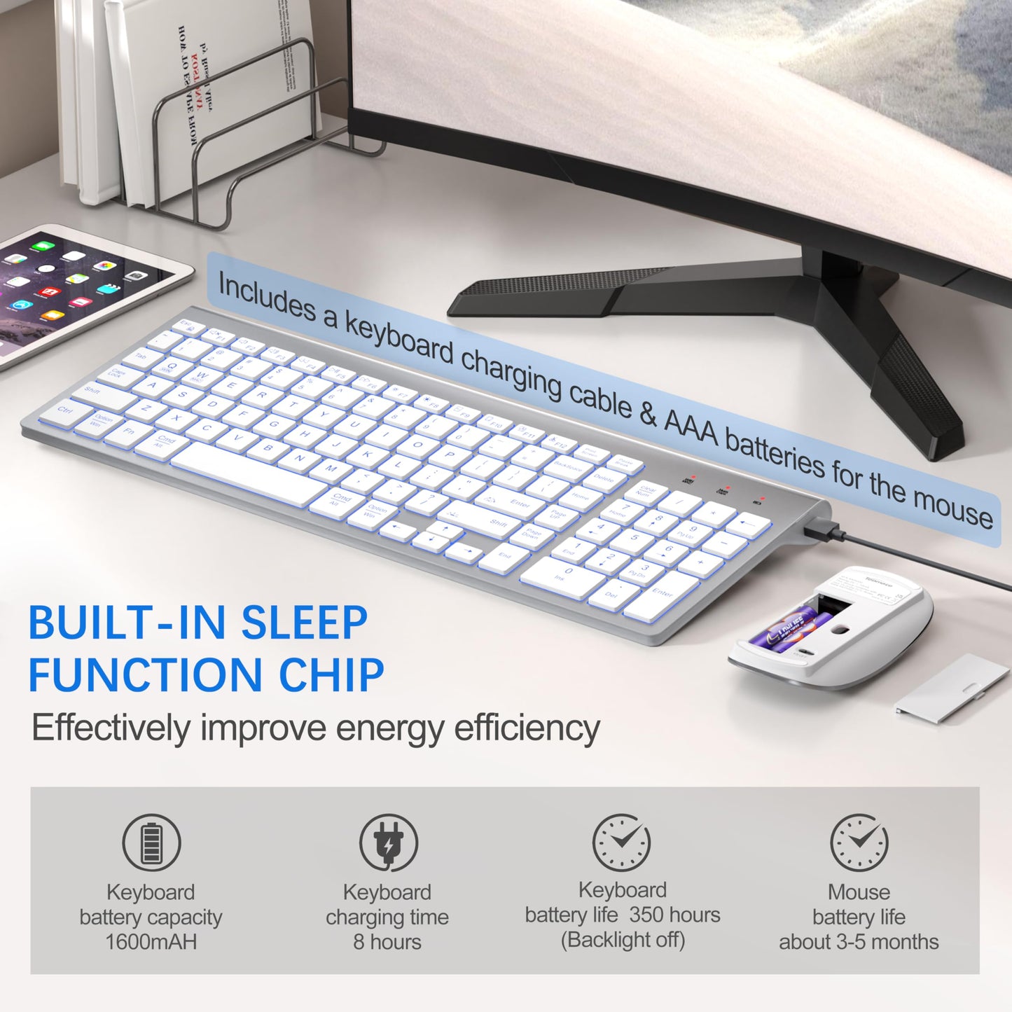 TopMate Wireless Keyboard and Mouse Ultra Slim Combo, 2.4G Silent Compact USB 2400DPI Mouse and Scissor Switch Keyboard Set with Cover, Batteries Included, for PC/Laptop/Windows/Mac - White
