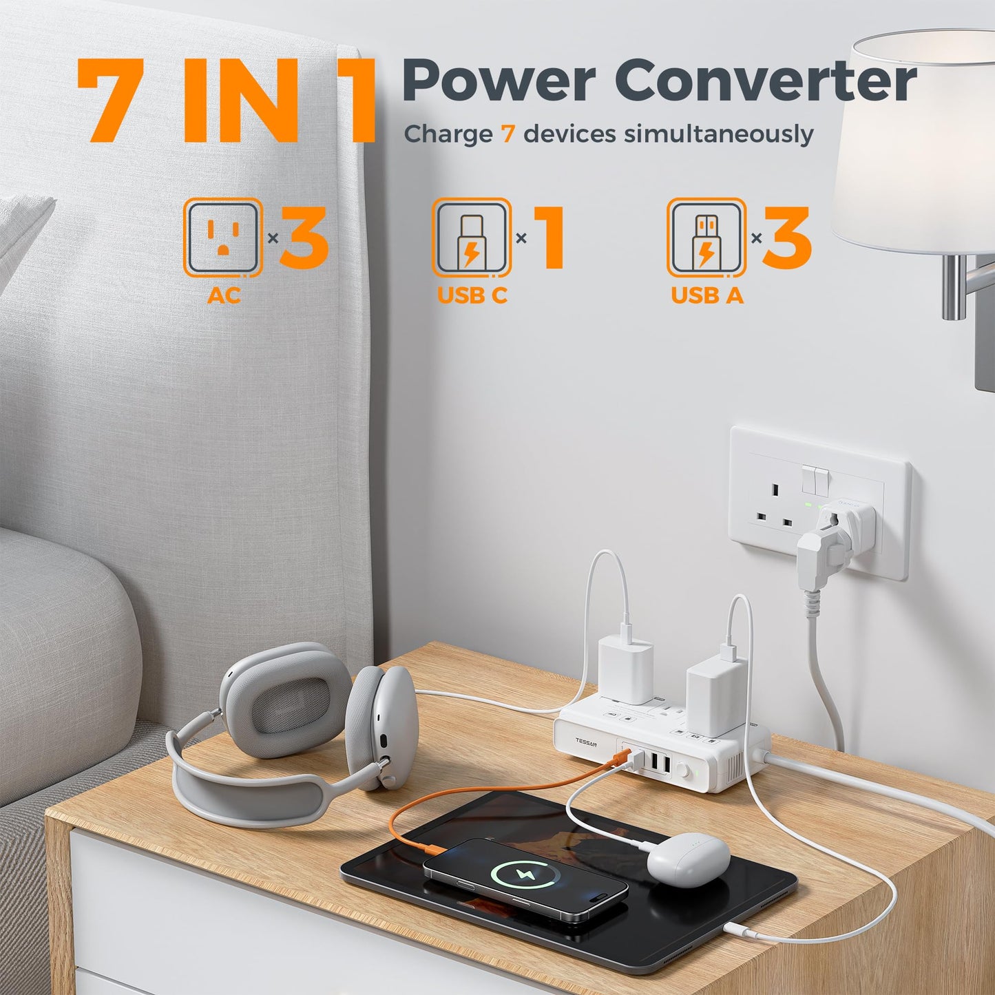 TESSAN Voltage Converter US to Europe, 220 to 110 Voltage Converter, Universal Travel Adapter with 4 USB Ports (1 USB C), 3 AC and EU UK AU IT in ZA Plug Power Adapter, Step Down Transformer, 4 FT