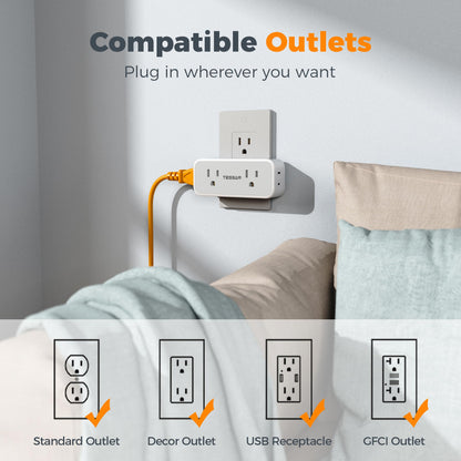 Surge Protector Outlet Extender, TESSAN Multi Plug Splitter with 4 Electrical Outlets 3 USB Ports(1 USB C), Multiple Plug Mini Wall Expander for Home Bathroom Office Dorm Room Essentials