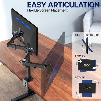 VIVO Dual Monitor Desk Mount, Holds 2 Computer Screens up to 30 inches and 22lbs Each, Heavy Duty Fully Adjustable Steel Stand with C-Clamp and Grommet, Black, STAND-V002