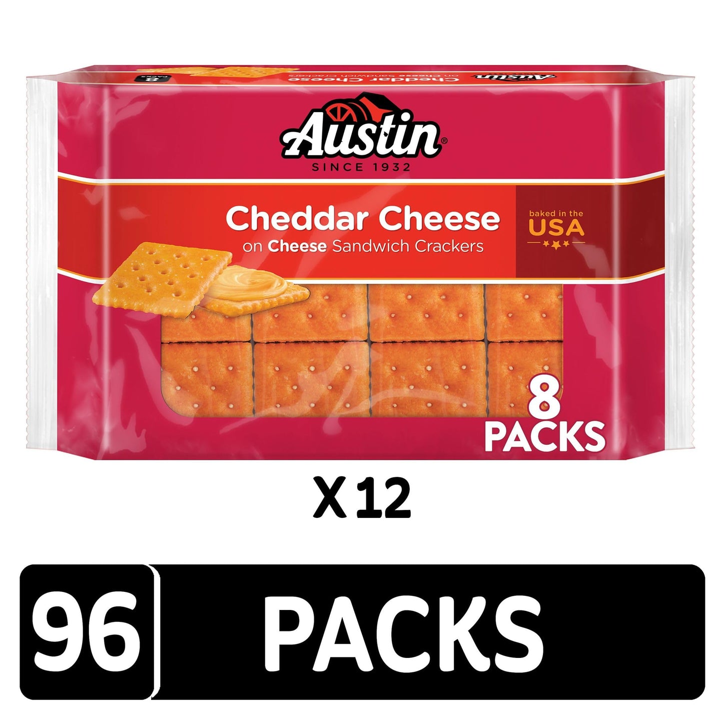 Austin Cheddar Cheese Flavored Sandwich Crackers, Lunch Snacks (12 Trays, 96 Packs)
