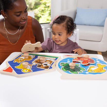 Melissa & Doug Wooden Jumbo Peg Puzzle 2-Pack – Fish Bowl, House Pets, 3-Piece for Toddlers Boys and Girls, Ages 1+ Years