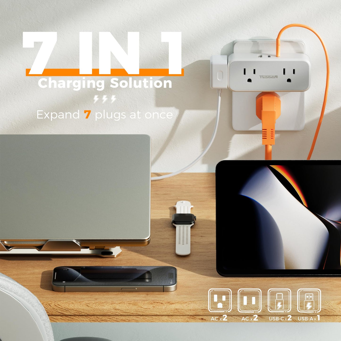 Surge Protector Outlet Extender, TESSAN Multi Plug Splitter with 4 Electrical Outlets 3 USB Ports(1 USB C), Multiple Plug Mini Wall Expander for Home Bathroom Office Dorm Room Essentials