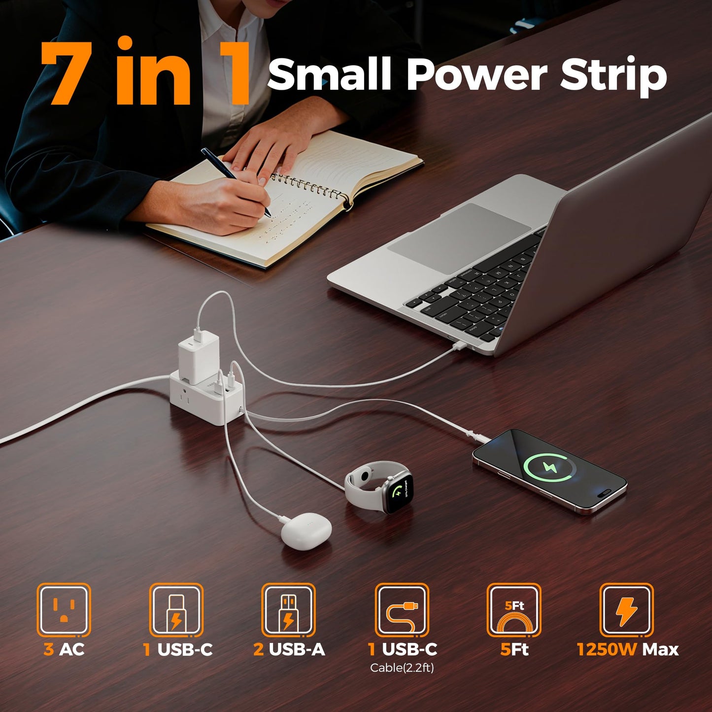 TESSAN Small Flat Plug Power Strip, Ultra Thin Extension Cord 5 ft, 3 AC Outlets with 3 USB Ports (1 USB C), Multiple Wall Outlet Extender for Cruise Travel Office School Dorm Room Essentials