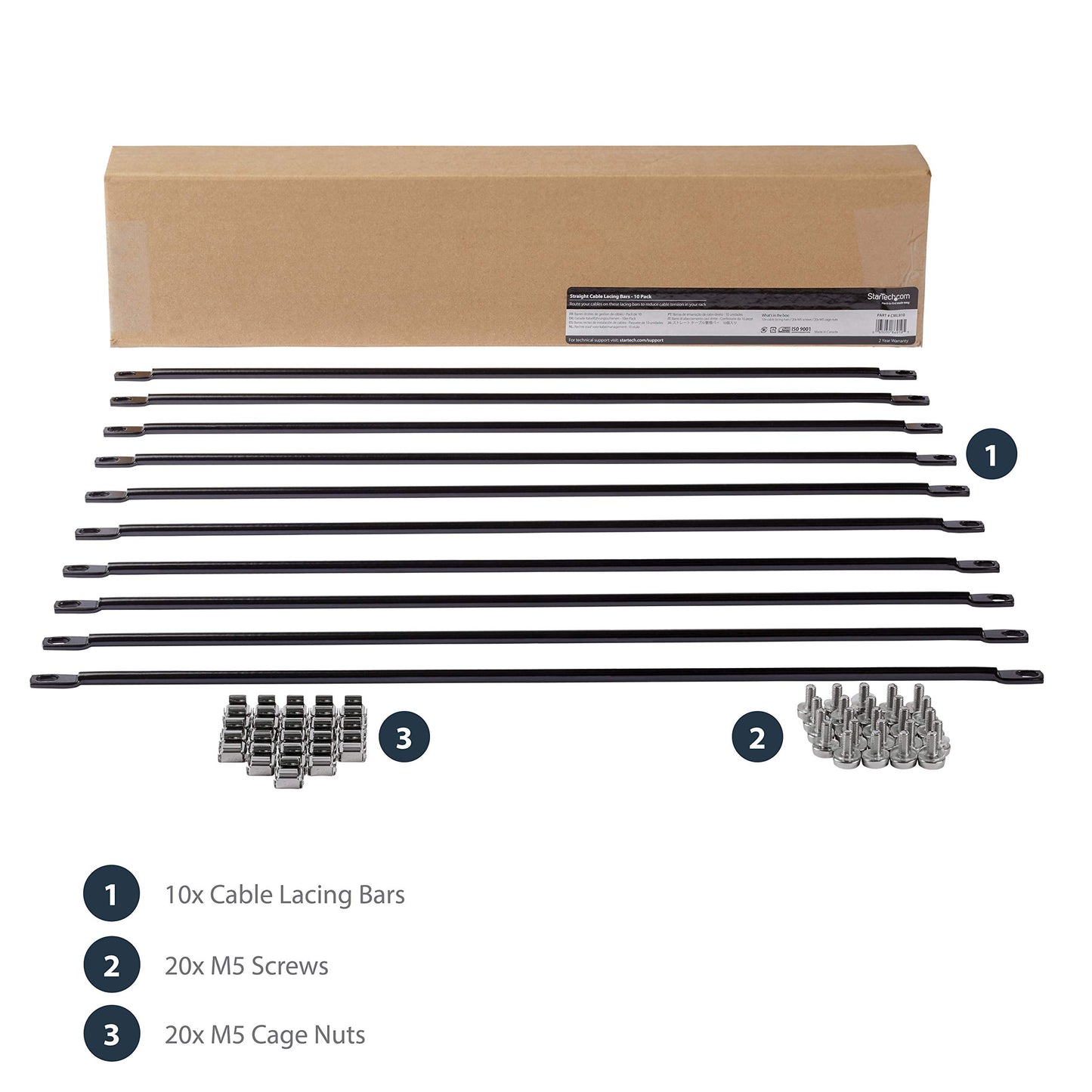 StarTech 10-Pack Horizontal Lacing Bar with 2in (5.1cm) Offset at 75 Degrees, Server Rack Cable Management, 19" Network Rack-Mount Cord Organizer, TAA