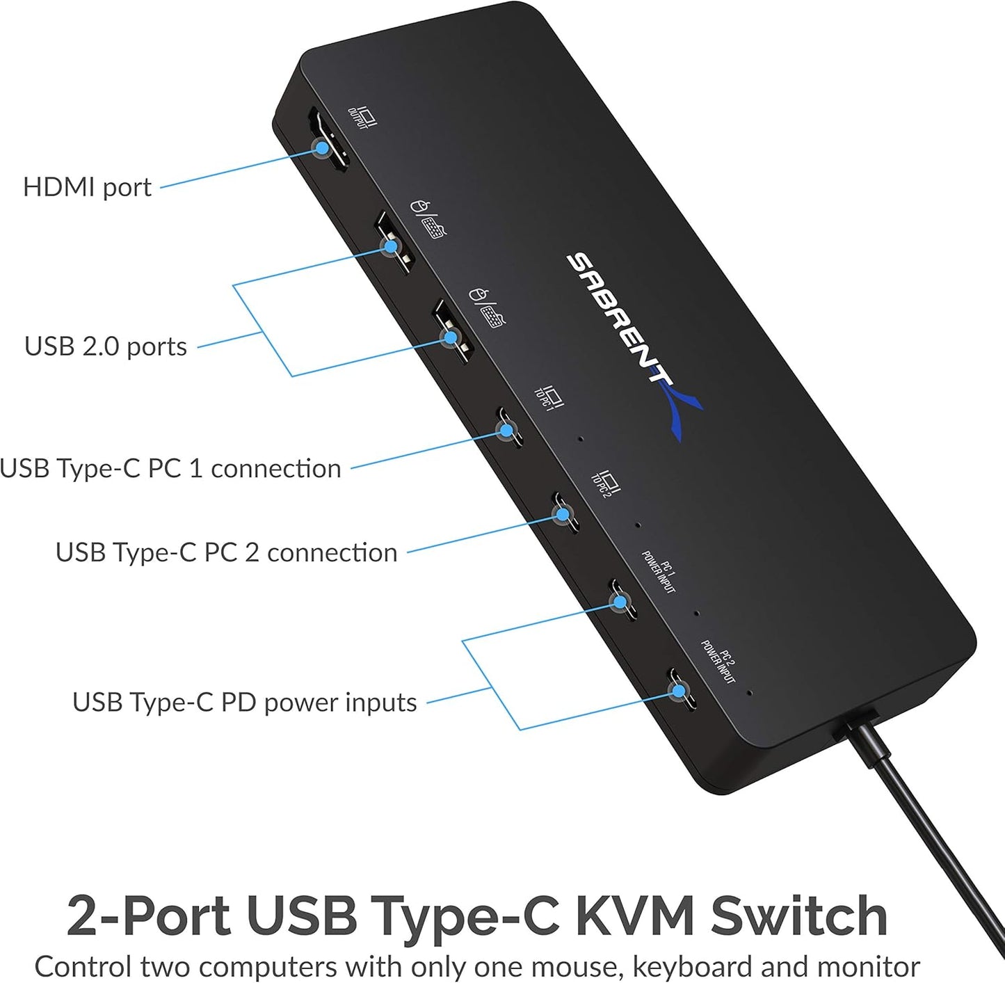 SABRENT 2 Port USB Type C KVM Switch with 60 Watt Power Delivery Option (USB KCPD)
