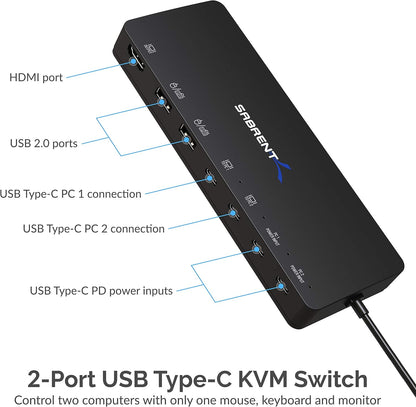 SABRENT 2 Port USB Type C KVM Switch with 60 Watt Power Delivery Option (USB KCPD)