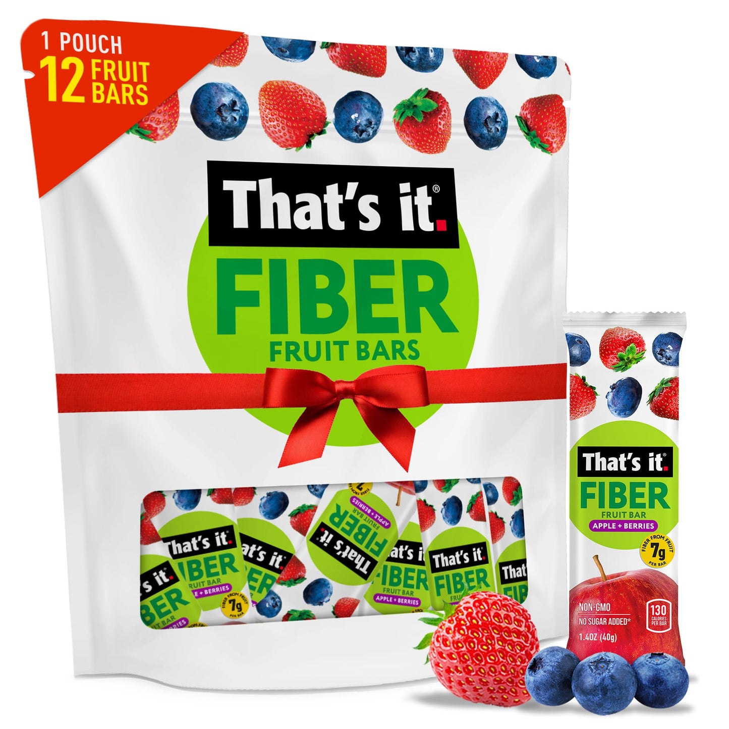 That’s it. High Fiber Fruit Bars Variety Pack (12 Count) – Cinnamon, Pear, Mixed Berries & Cherry, 7g Fiber from Real Fruit, 3-4 Ingredients, No Added Sugar, 130 Calories, Gluten-Free, Top 12 Allergen-Free, Non-GMO