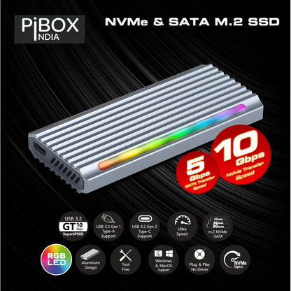 PiBOX India NVMe M2 Enclosure - Dual Protocol USB 3.2 Tool-Free Case, PCI-E Reader, USB-C, M & B+M Keys, 2230/2242/2260/2280 SSDs