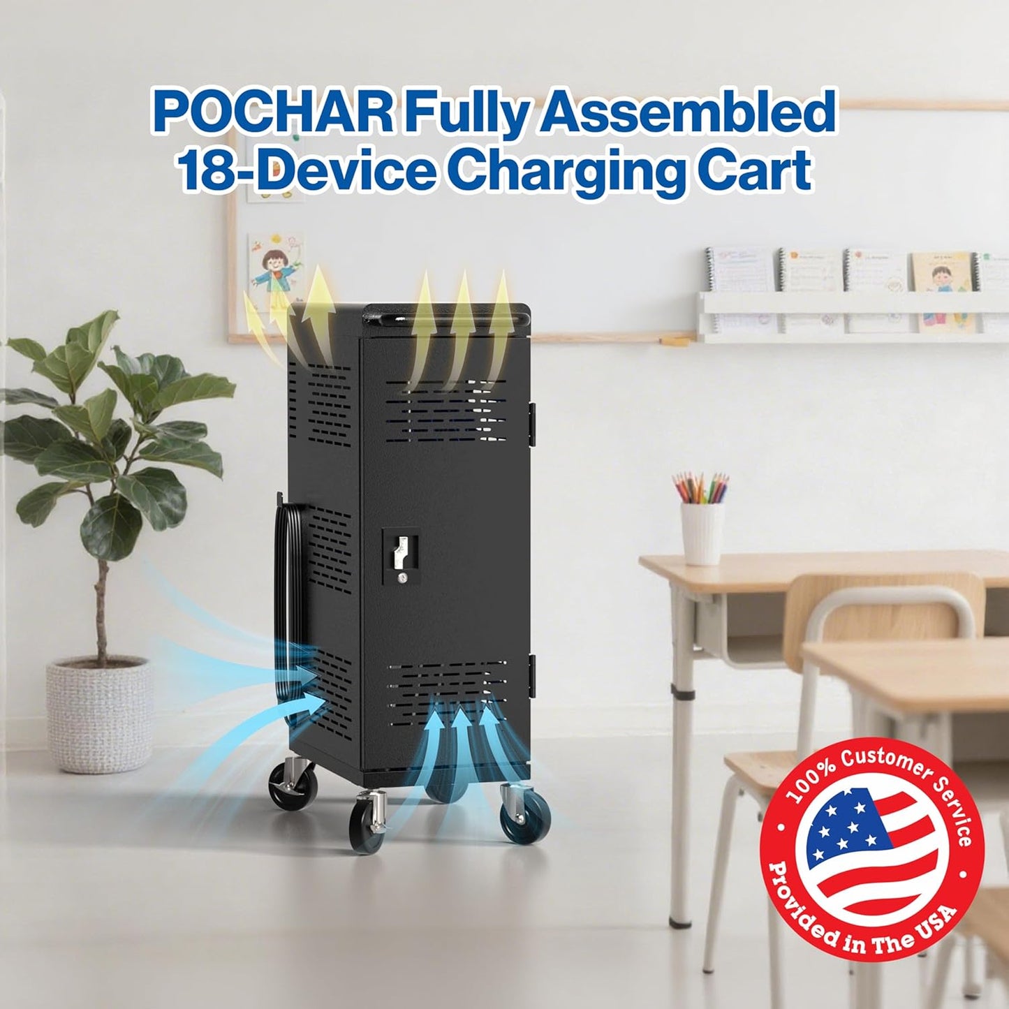 Fully Assembled 18-Device Charging Cart for Chromebook - Locking Laptop Cabinet with Cable Management, Cord Organization, Power Strip - Locks and Stores Tablets up to 14'' and 1.4'' Thick (Black)
