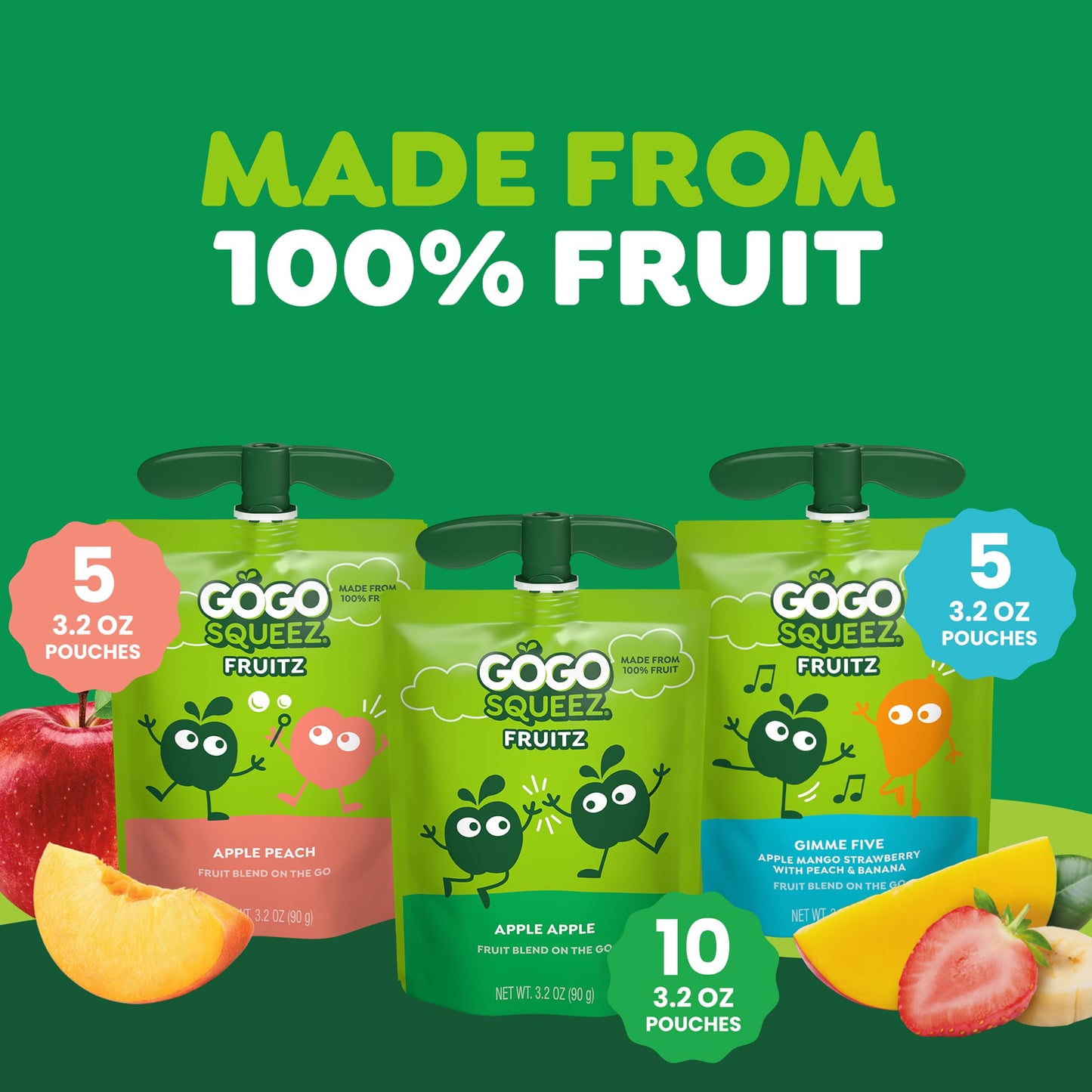 GoGo squeeZ No Sugar Added Applesauce and Fruit Puree Variety Pack, Apple, Mango & Banana, 3.2 oz Pouches (Pack of 20), Fruit Snacks for Kids, Gluten Free, Nut Free, Recloseable Cap, BPA Free