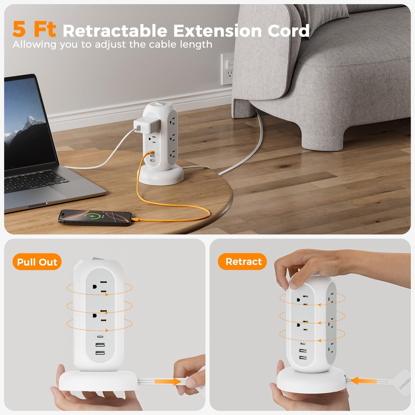 Tower Power Strip Flat Plug with 11 Outlets 3 USB (1 USB C), TESSAN Surge Protector Tower 1625W/13A,1050J Protection, 6 Feet Extension Cord with Multiple Outlets, Office Desk Supplies, Dorm Essentials