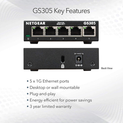 NETGEAR 8-Port Gigabit Ethernet Unmanaged Essentials Switch (GS308) - Home Network Hub, Office Ethernet Splitter, Plug-and-Play, Silent Operation, Desktop or Wall Mount