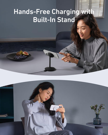 Anker MagGo iPhone 17 MagSafe Charger Compatible Stand, 15W Fast Magnetic Wireless Charging Station, Qi2 Certified 360° Wireless Charger (White, with Cable & Adapter)
