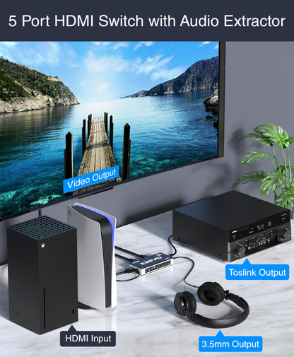 Kinivo HDMI Switch 5 in 1 Out 4K 60Hz (HDR 10, High Speed 18Gbps, IR Remote, HDCP2.2, Dolby Vision, VRR) - 550BN Switcher Compatible with Roku, PS5, Xbox, Apple TV, Nintendo Switch 2, Cable Box