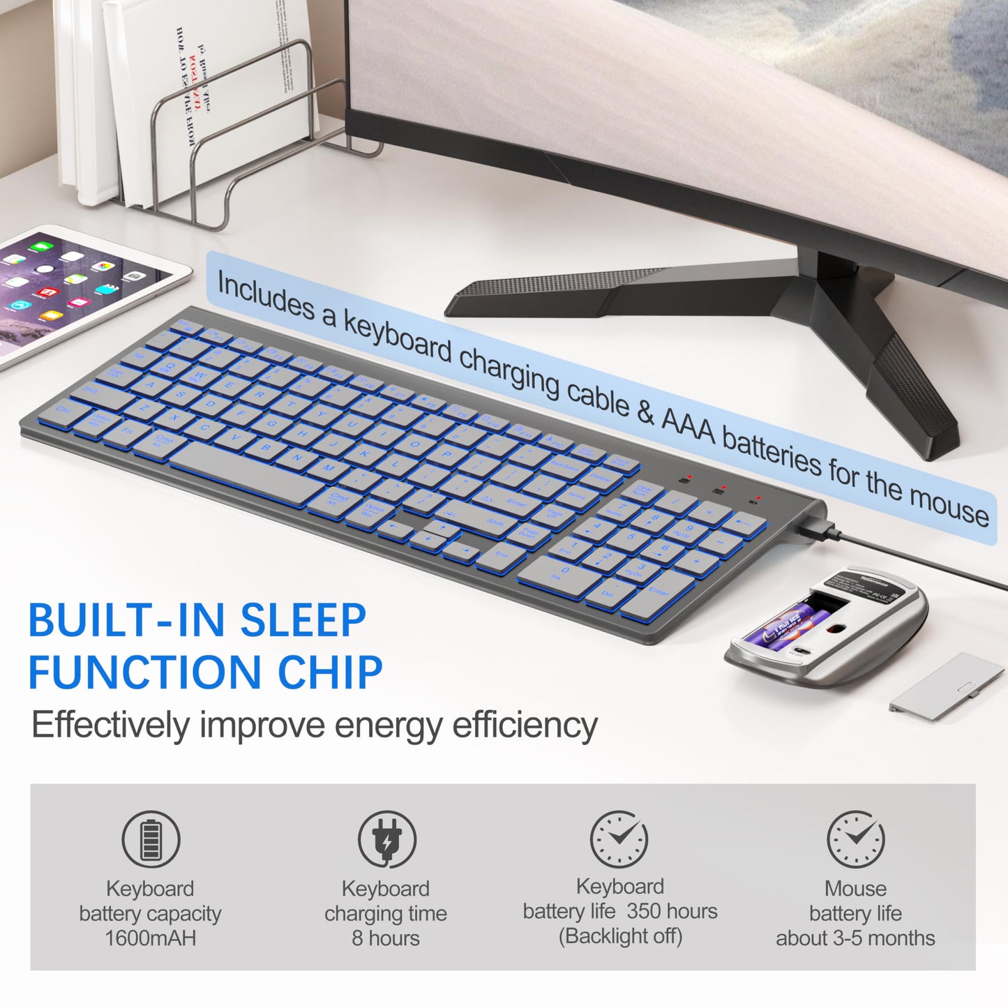 TopMate Wireless Keyboard and Mouse Ultra Slim Combo, 2.4G Silent Compact USB 2400DPI Mouse and Scissor Switch Keyboard Set with Cover, Batteries Included, for PC/Laptop/Windows/Mac - White