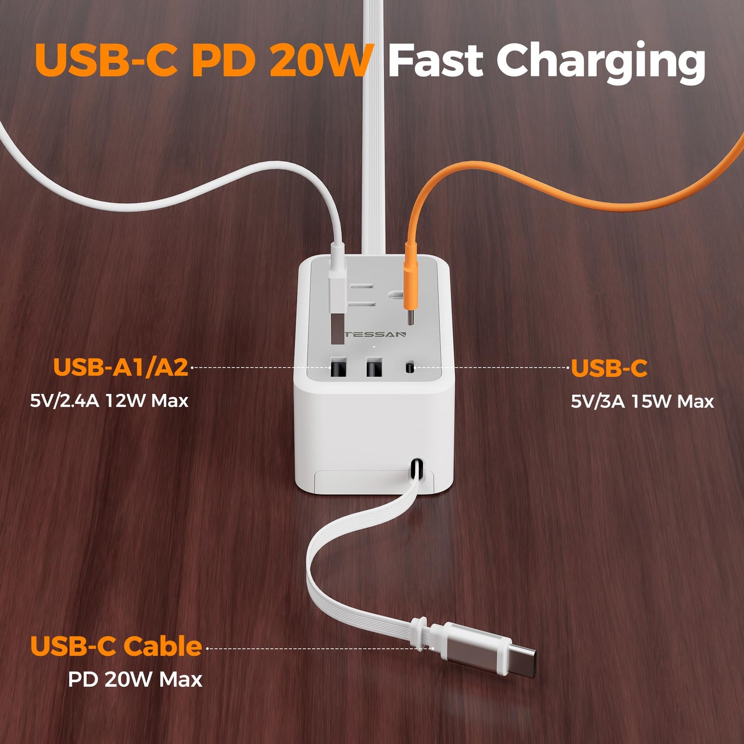TESSAN Small Flat Plug Power Strip, Ultra Thin Extension Cord 5 ft, 3 AC Outlets with 3 USB Ports (1 USB C), Multiple Wall Outlet Extender for Cruise Travel Office School Dorm Room Essentials