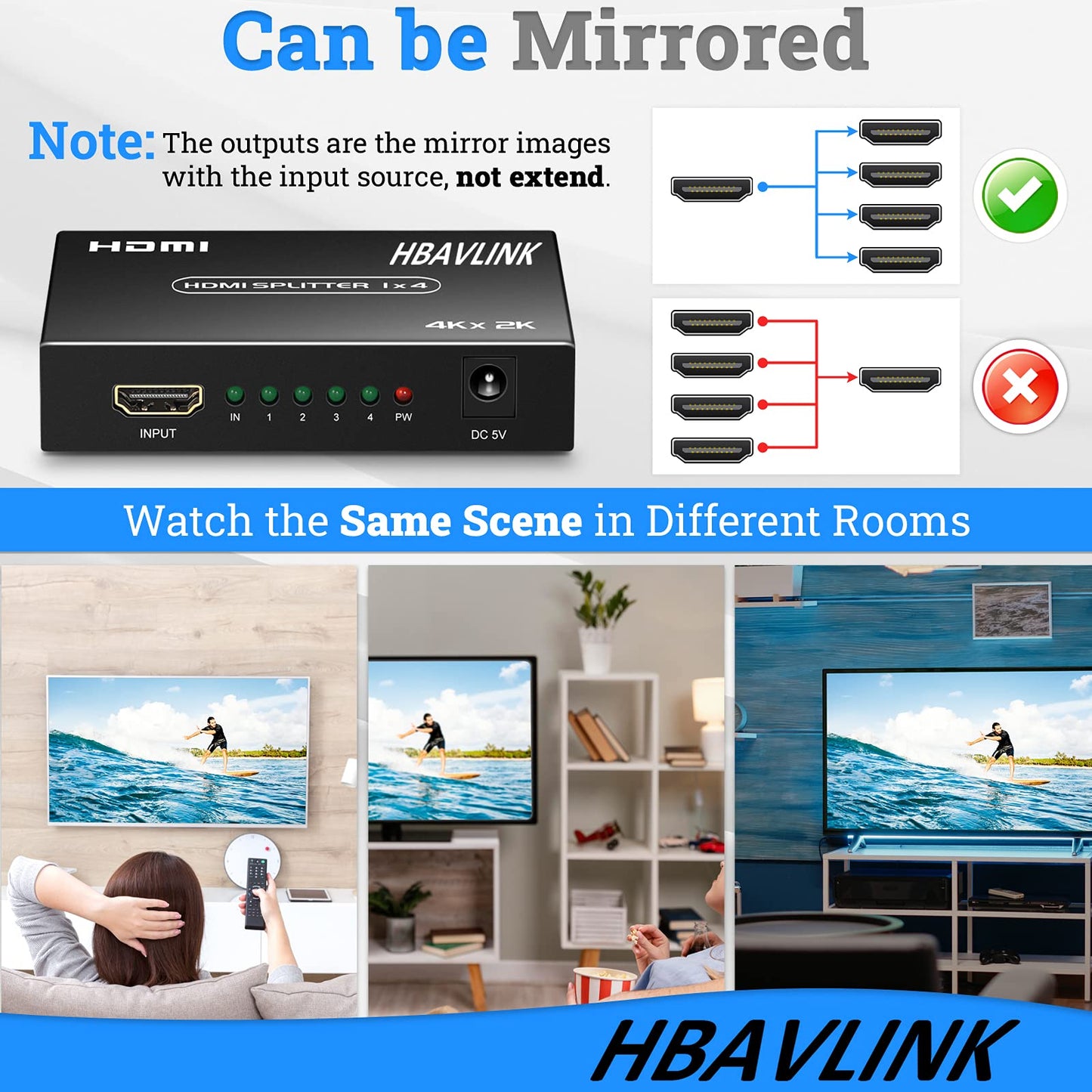 HDMI Splitter 1 in 2 Out 60Hz - HDCP Bypass 2.3, HDR, Dolby/DTS 5.1/7.1 - Compatible with Firestick 4k Max, PS3/PS5 & Elgato HD60s/x/Pro, Apple TV 4K, Retrotink, Roku Stick, NOT for Phone