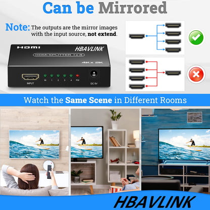 HDMI Splitter 1 in 2 Out 60Hz - HDCP Bypass 2.3, HDR, Dolby/DTS 5.1/7.1 - Compatible with Firestick 4k Max, PS3/PS5 & Elgato HD60s/x/Pro, Apple TV 4K, Retrotink, Roku Stick, NOT for Phone