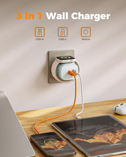 Charging Blocks for Apple Watch, 3-in-1 PD 20W USB C Charger Block with Built-in Wireless Smart Watch Charging, Dual Ports Wall Charger Compatible with iPhone,AirPods,iWatch