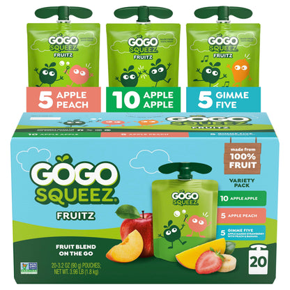 GoGo squeeZ No Sugar Added Applesauce and Fruit Puree Variety Pack, Apple, Mango & Banana, 3.2 oz Pouches (Pack of 20), Fruit Snacks for Kids, Gluten Free, Nut Free, Recloseable Cap, BPA Free