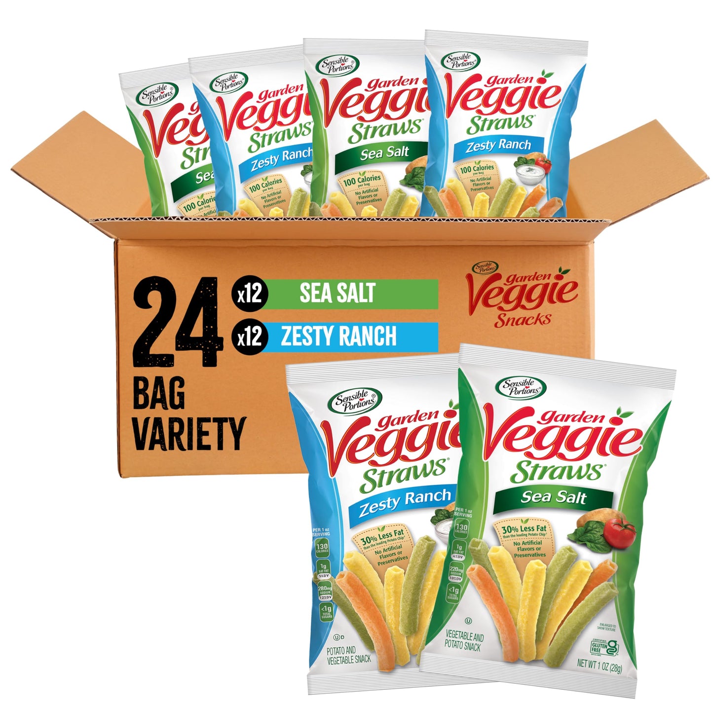 Sensible Portions Veggie Straws - Garden Snacks Variety Pack, Sea Salt, Ranch, Cheddar, Apple Cinnamon, Gluten Free Bulk Snacks, 1 Oz (Pack of 24)