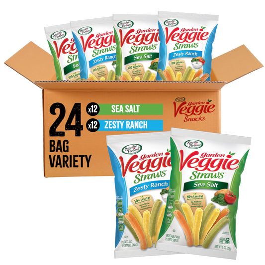 Sensible Portions Veggie Straws - Garden Snacks Variety Pack, Sea Salt, Ranch, Cheddar, Apple Cinnamon, Gluten Free Bulk Snacks, 1 Oz (Pack of 24)