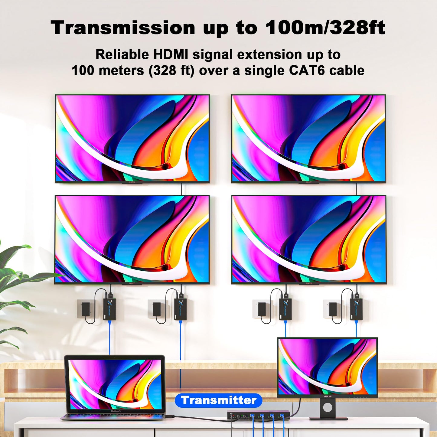 ALGOX 328ft/100m 4K@30Hz HDMI Extender Splitter 1 in 2 Out Over CAT6/6e/7(T-568B) Supports Loop Out, EDID Copy, HDR10, Dolby Vision, 3D Video, Plug and Play, Easy to Install