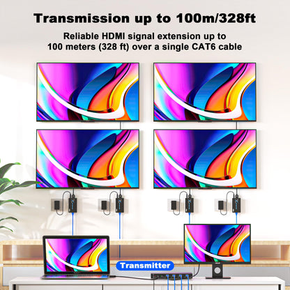 ALGOX 328ft/100m 4K@30Hz HDMI Extender Splitter 1 in 2 Out Over CAT6/6e/7(T-568B) Supports Loop Out, EDID Copy, HDR10, Dolby Vision, 3D Video, Plug and Play, Easy to Install