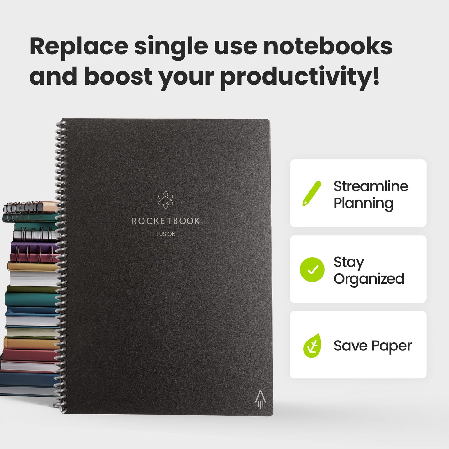Rocketbook Fusion Hybrid Reusable Planner and Notebook in One, Additional Blank Pages, Goal and Project Tracker, Undated Planner, Letter Size 8.5x11, Black (Pack of 1)