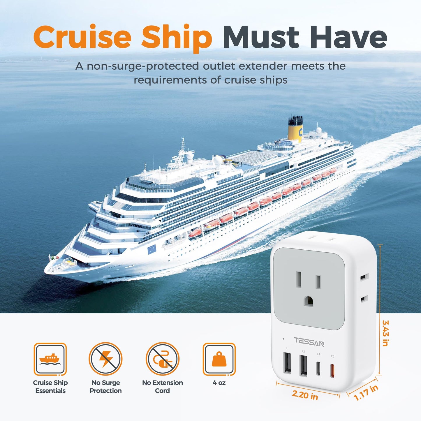 USB C Charger Block 20W, TESSAN PD Fast Charging Adapter with Foldable Plug, 1875W Power Outlet Extender(4 AC and 4 USB) for Cruise, Home, Office, Dorm