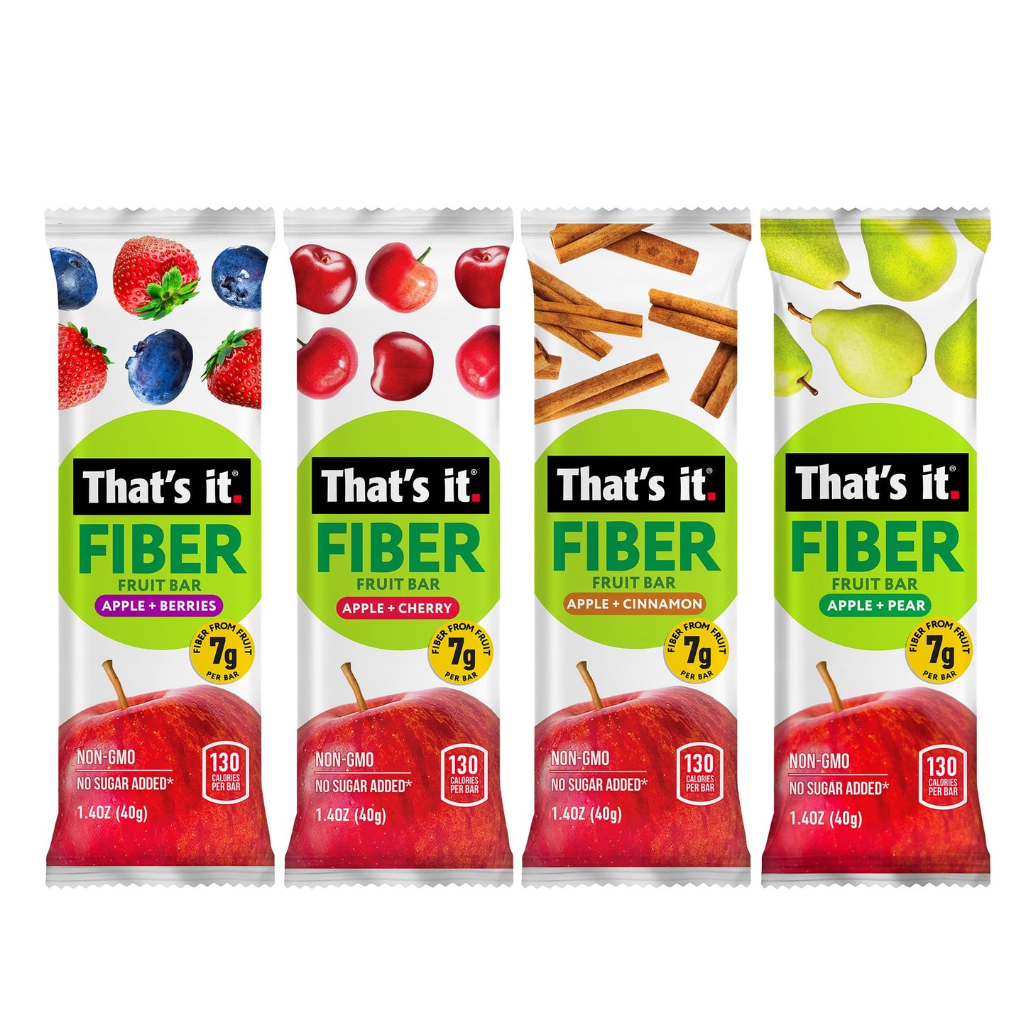 That’s it. High Fiber Fruit Bars Variety Pack (12 Count) – Cinnamon, Pear, Mixed Berries & Cherry, 7g Fiber from Real Fruit, 3-4 Ingredients, No Added Sugar, 130 Calories, Gluten-Free, Top 12 Allergen-Free, Non-GMO
