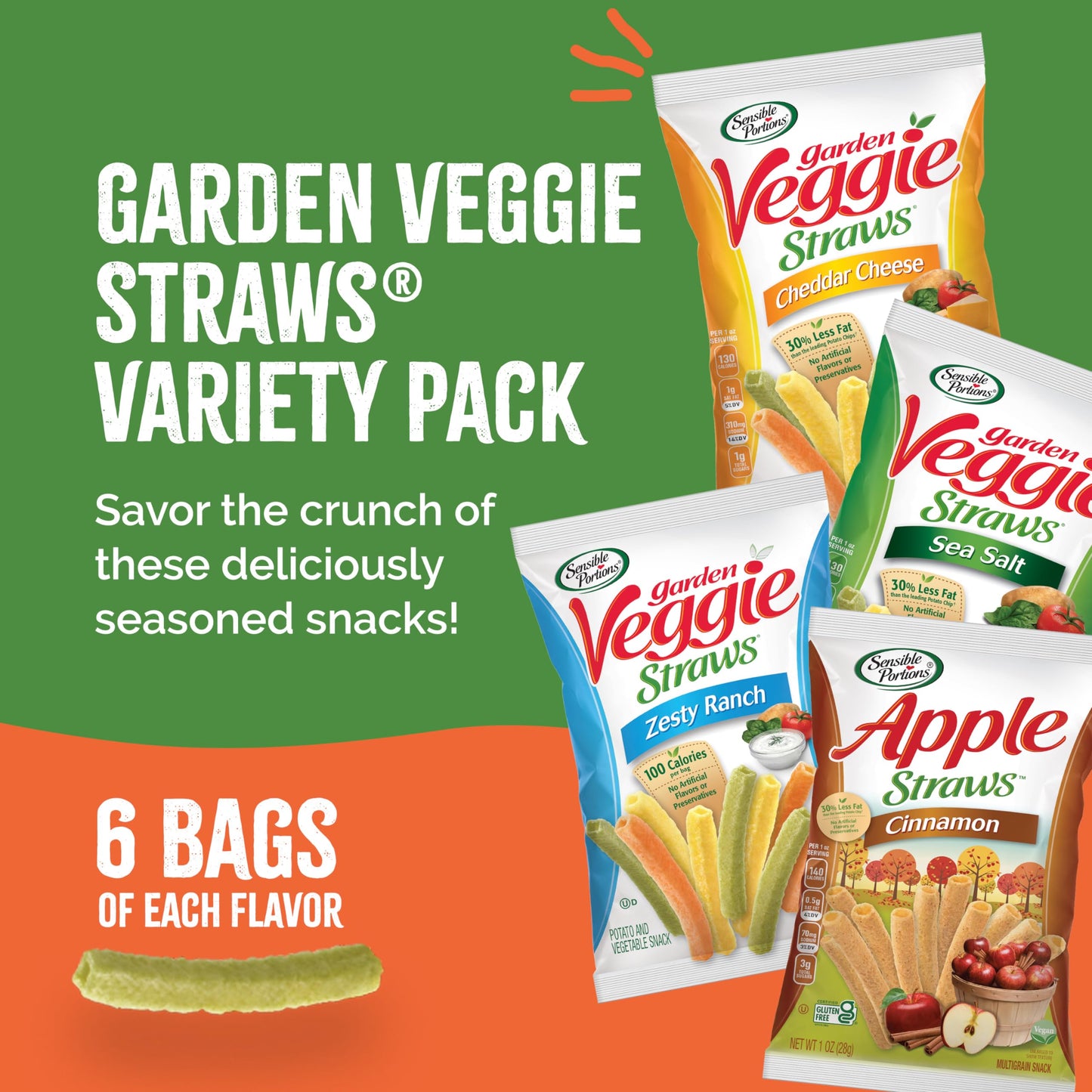 Sensible Portions Veggie Straws - Garden Snacks Variety Pack, Sea Salt, Ranch, Cheddar, Apple Cinnamon, Gluten Free Bulk Snacks, 1 Oz (Pack of 24)