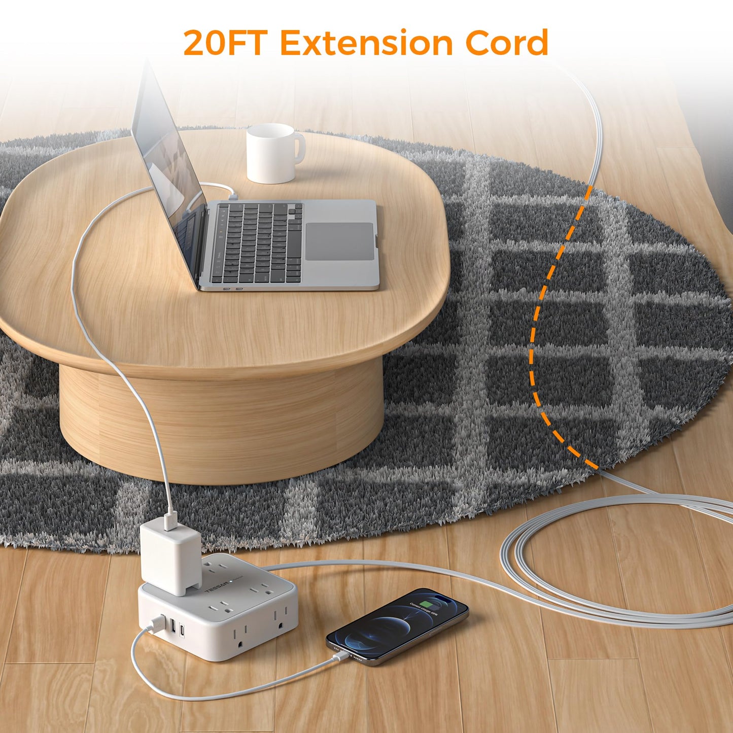 TESSAN Surge Protector Power Strip, 5 Ft Flat Plug Extension Cord with 3 USB (1 USB C) 8 Outlets, 1250W, 900J Protection, 3 Sided Outlet Extender with Power Switch for Office, Dorm Room, Grey