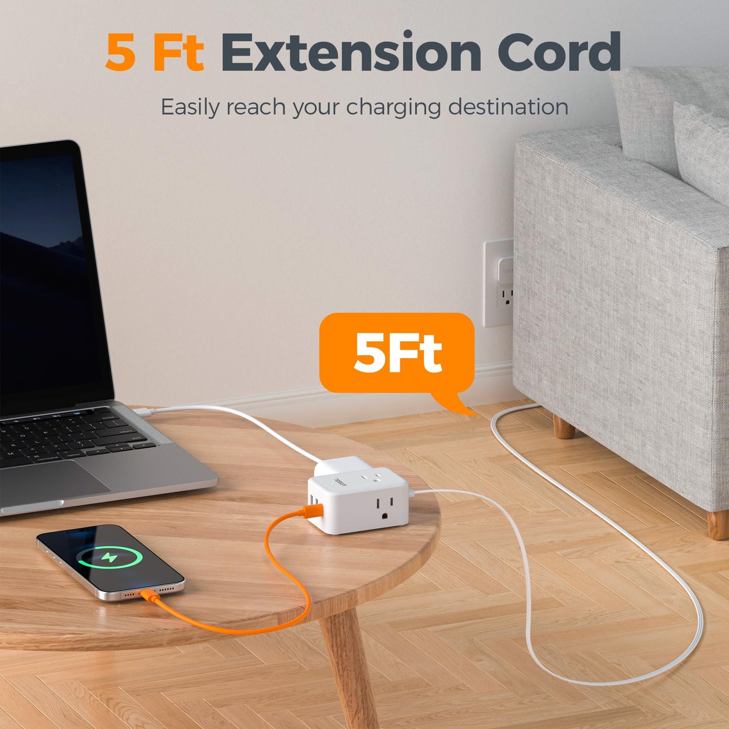 TESSAN Small Flat Plug Power Strip, Ultra Thin Extension Cord 5 ft, 3 AC Outlets with 3 USB Ports (1 USB C), Multiple Wall Outlet Extender for Cruise Travel Office School Dorm Room Essentials