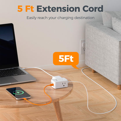 TESSAN Small Flat Plug Power Strip, Ultra Thin Extension Cord 5 ft, 3 AC Outlets with 3 USB Ports (1 USB C), Multiple Wall Outlet Extender for Cruise Travel Office School Dorm Room Essentials