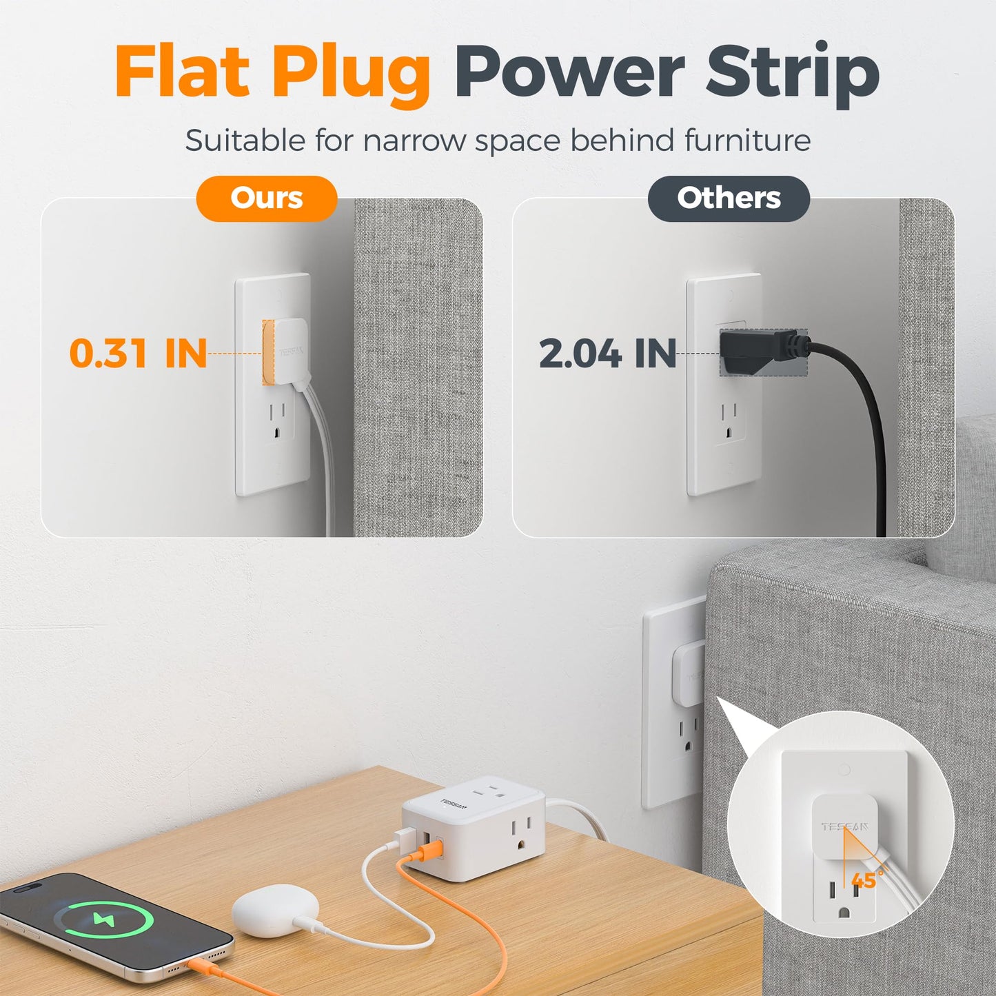 TESSAN Small Flat Plug Power Strip, Ultra Thin Extension Cord 5 ft, 3 AC Outlets with 3 USB Ports (1 USB C), Multiple Wall Outlet Extender for Cruise Travel Office School Dorm Room Essentials