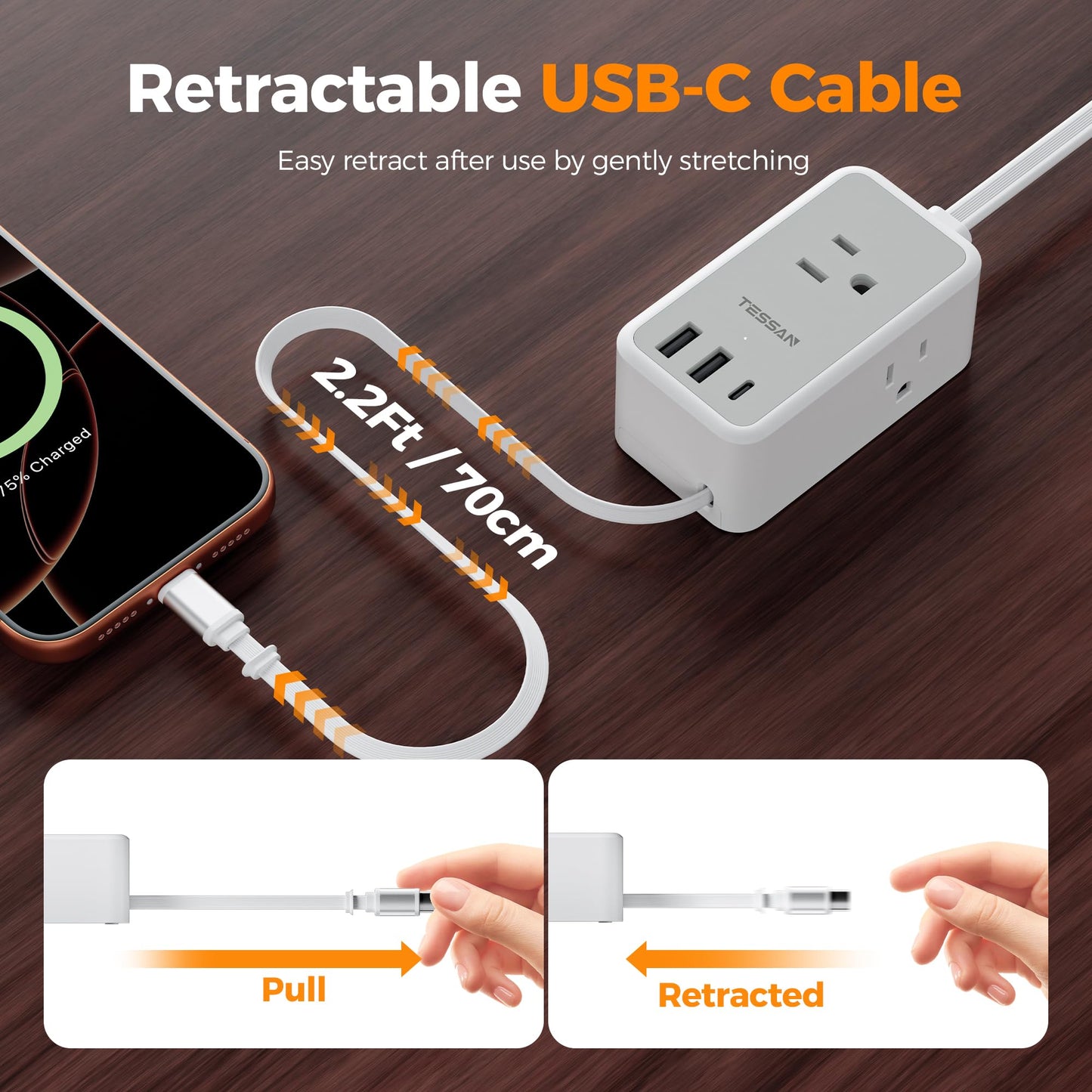TESSAN Small Flat Plug Power Strip, Ultra Thin Extension Cord 5 ft, 3 AC Outlets with 3 USB Ports (1 USB C), Multiple Wall Outlet Extender for Cruise Travel Office School Dorm Room Essentials