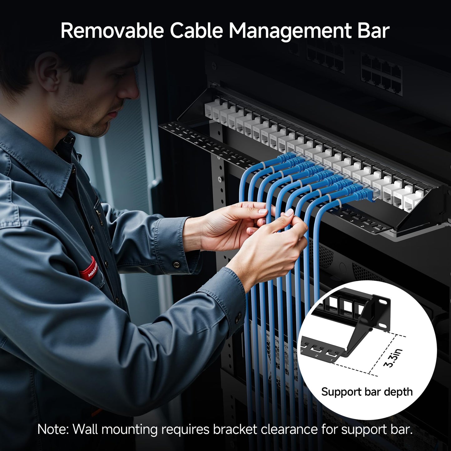 Cable Matters Rackmount or Wall Mount 1U 24 Port Keystone Patch Panel with Cable Management and Support Bar, 19-inch Blank Patch Panel for Keystone Jacks