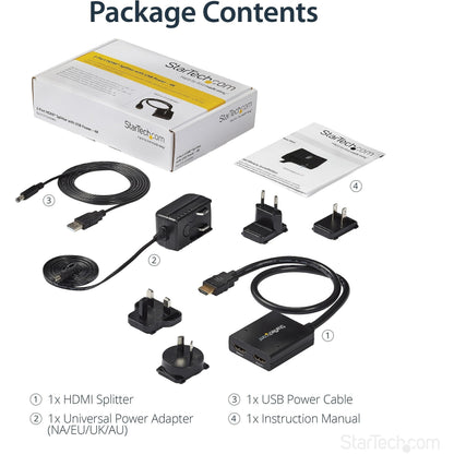 StarTech.com 4K HDMI Splitter 1 In 2 Out - 4K 30Hz HDMI 1.4 2 Port Video Splitter Box -with high speed HDMI cable, USB power cable - Black (ST122HD4KU)