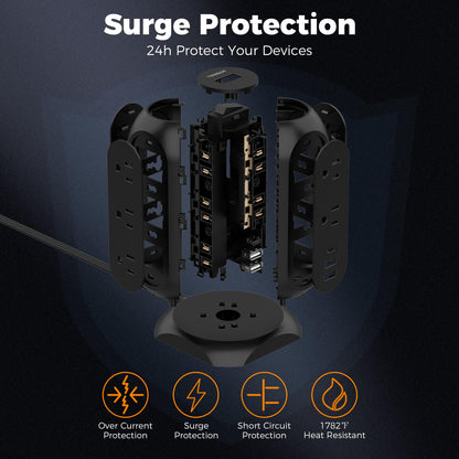 Tower Power Strip Flat Plug with 11 Outlets 3 USB (1 USB C), TESSAN Surge Protector Tower 1625W/13A,1050J Protection, 6 Feet Extension Cord with Multiple Outlets, Office Desk Supplies, Dorm Essentials