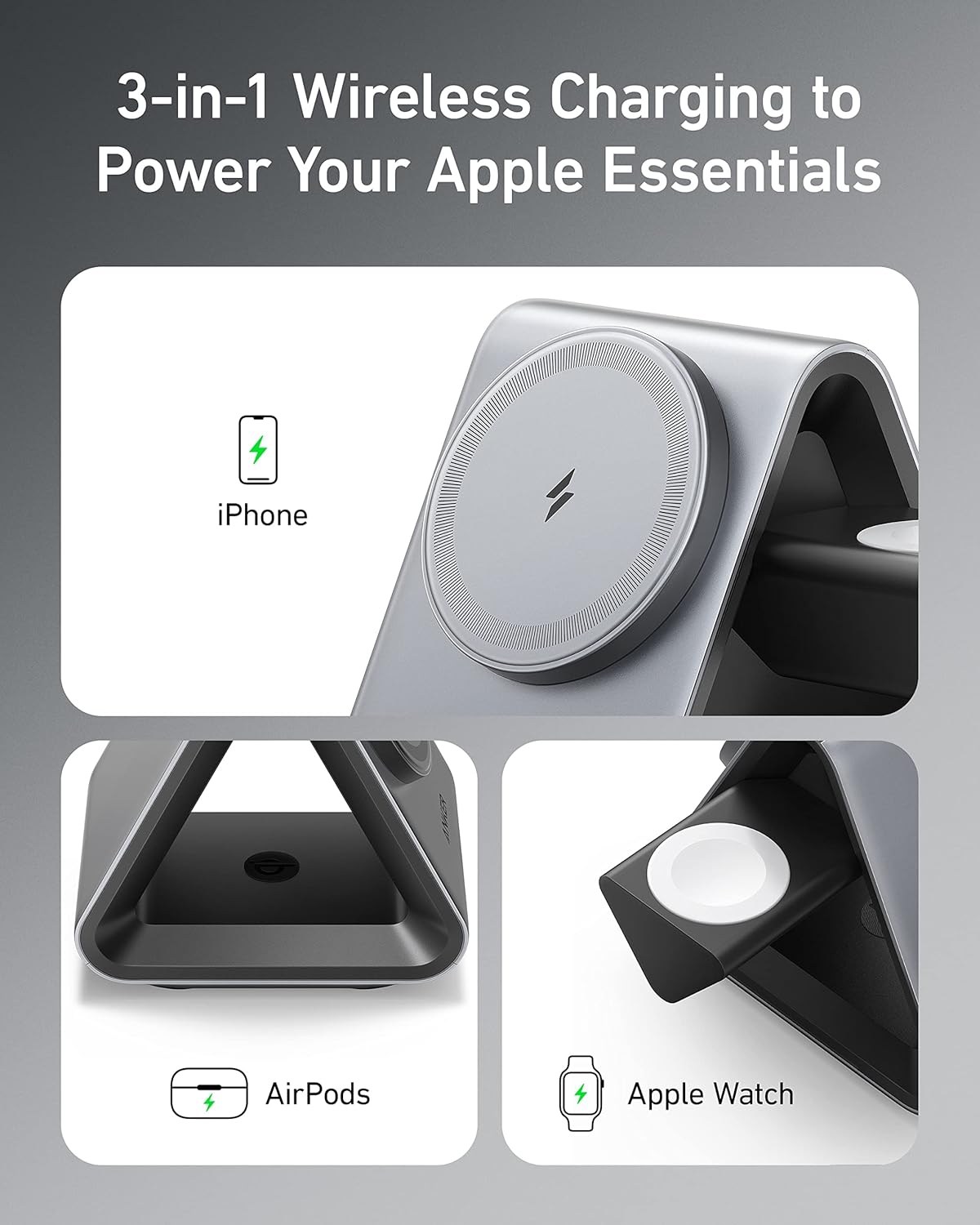 Anker MagSafe Charger Stand, 737 MagGo Charger, 3-in-1 Charging Stand with MFi-Certified 15W Max Fast Charging, iPhone 15/14/13/12 Series, Apple Watch S8/7/6, AirPods, 30W USB-C Adapter Included