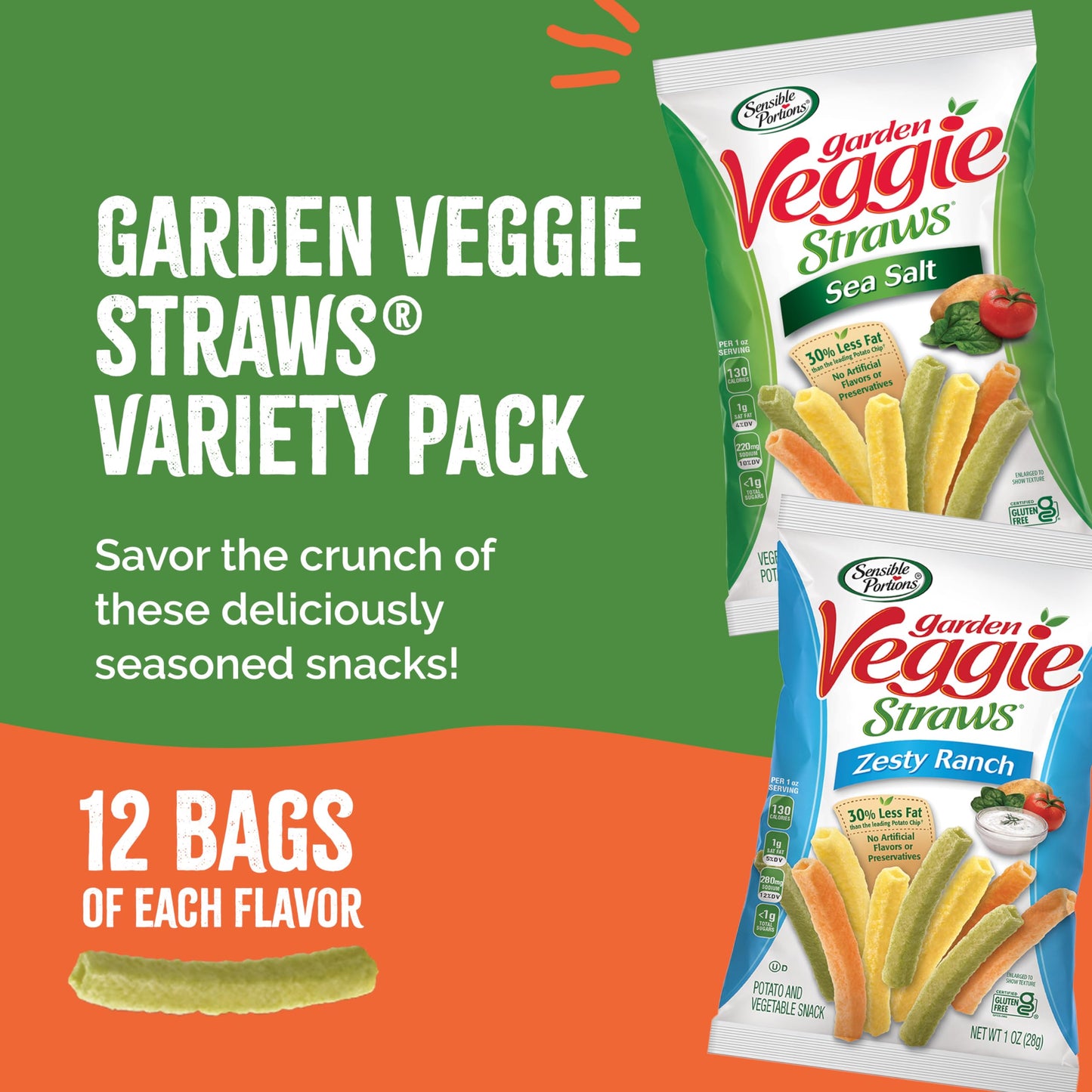 Sensible Portions Veggie Straws - Garden Snacks Variety Pack, Sea Salt, Ranch, Cheddar, Apple Cinnamon, Gluten Free Bulk Snacks, 1 Oz (Pack of 24)