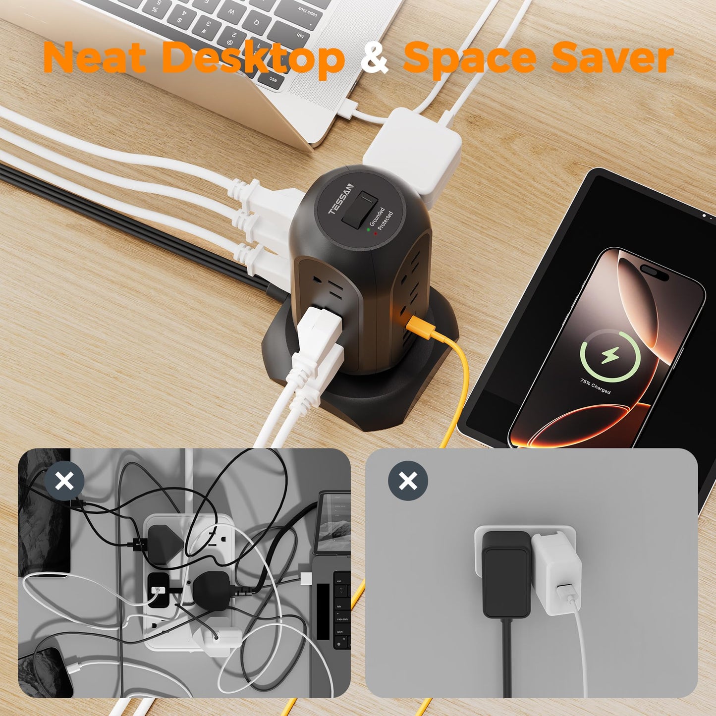 Tower Power Strip Flat Plug with 11 Outlets 3 USB (1 USB C), TESSAN Surge Protector Tower 1625W/13A,1050J Protection, 6 Feet Extension Cord with Multiple Outlets, Office Desk Supplies, Dorm Essentials